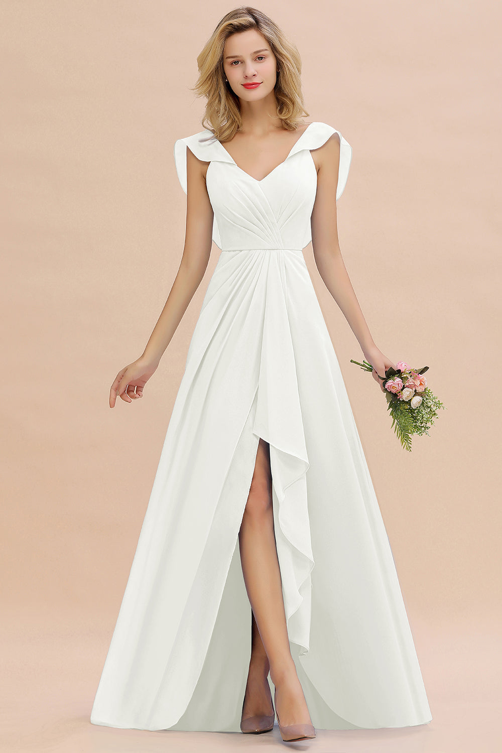 Simple High Low A-line V-Neck Ruffles Chiffon Bridesmaid Dress