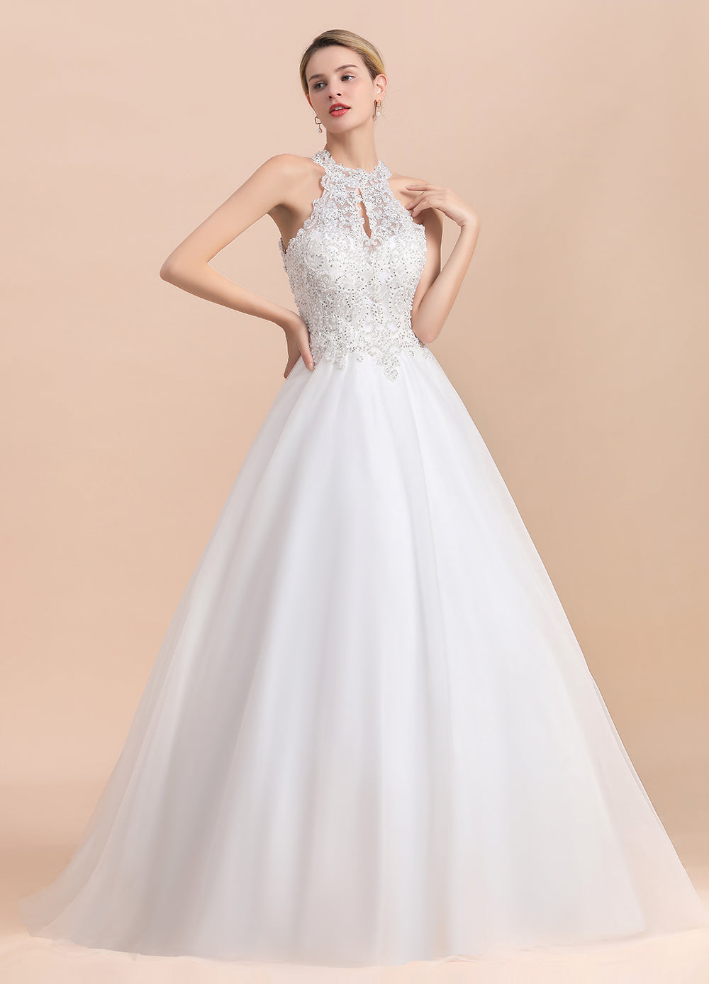 Long A-line Halter Tulle Lace Appliques Sleeveless Wedding Dresses