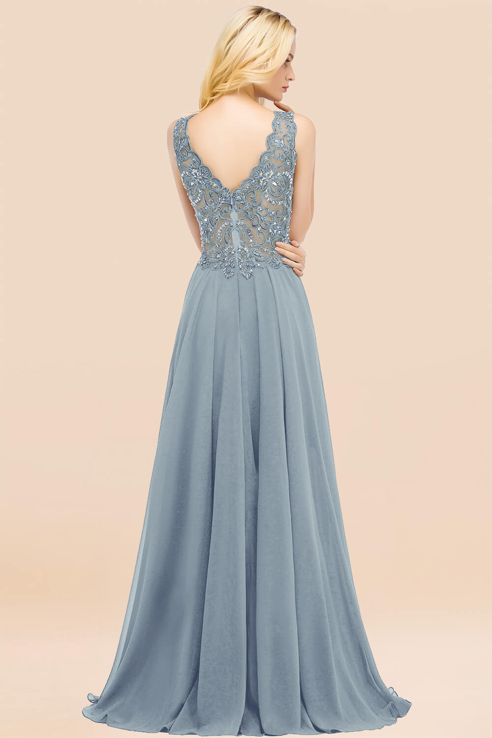 A-line Chiffon Appliques V-neck Sleeveless Floor Length Bridesmaid Dresses with Crystals