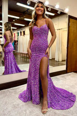 Sparkle Long Spaghetti Straps Backless Split Front Mermaid Prom Dress