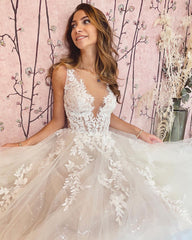 Long A-Line Deep V-neck Appliques Lace Tulle Backless Floor Length Wedding Dress