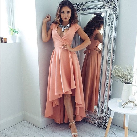 High Low A-line V-neck Satin Prom Dresses
