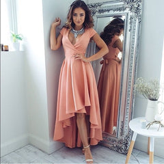 High Low A-line V-neck Satin Prom Dresses