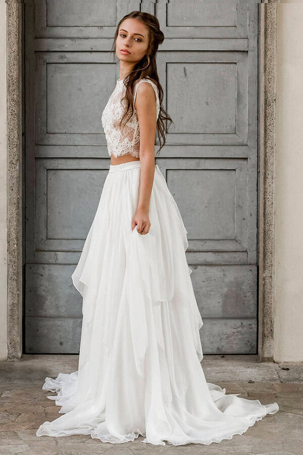 Elegant Long A_line Lace Chiffon Two Piece Wedding Dress