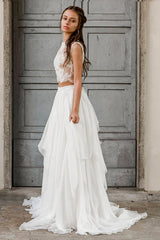 Elegant Long A_line Lace Chiffon Two Piece Wedding Dress