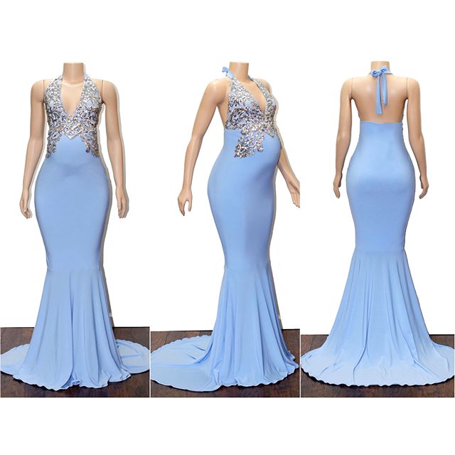 Long Halter V-neck Mermaid Open Back Formal Evening Dress