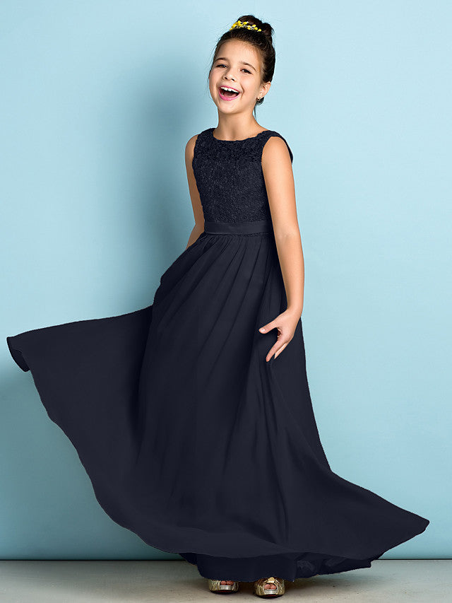 Long A-Line Scoop Neck Floor Length Chiffon Lace Junior Bridesmaid Dress