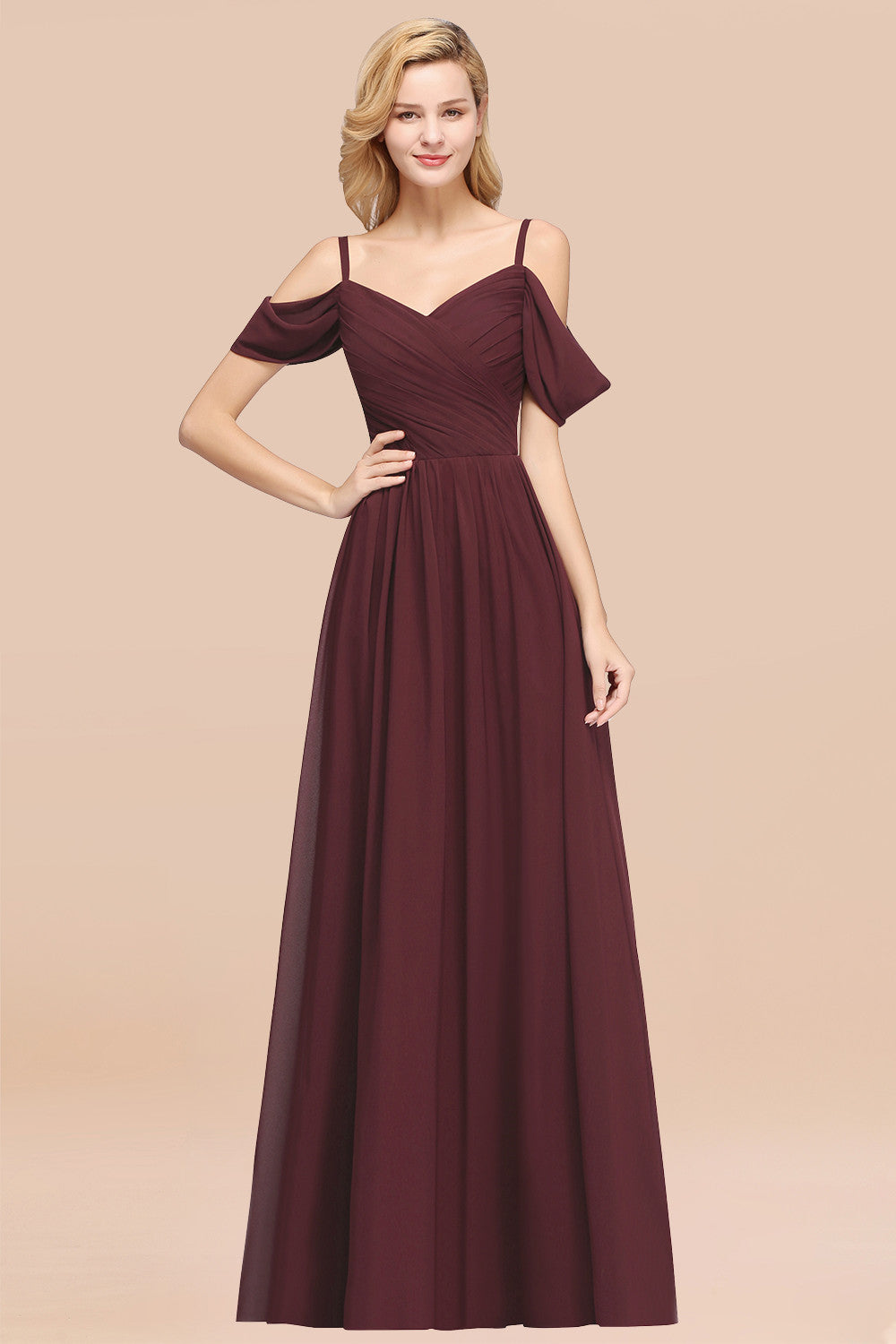 A-Line Chiffon V-Neck Spaghetti Straps Short Sleeves Floor Length Bridesmaid Dresses with Ruffles