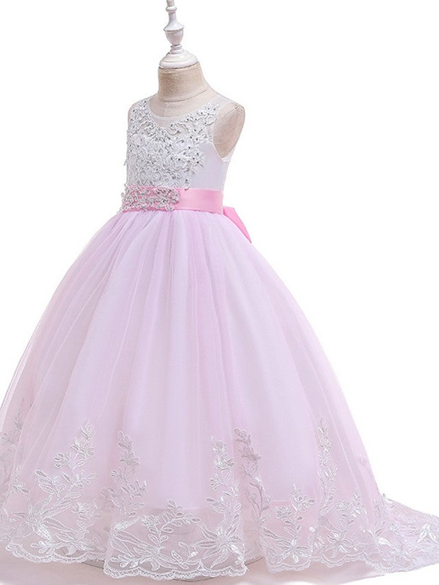 Long Ball Gown Tulle Sleeveless Jewel Neck Wedding Party Flower Girl Dresses With Bow