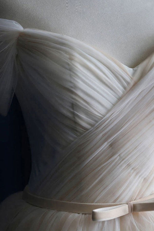 Elegant Long Off the Shoulder Lace-up Ruffle Tulle A-line Wedding Dress