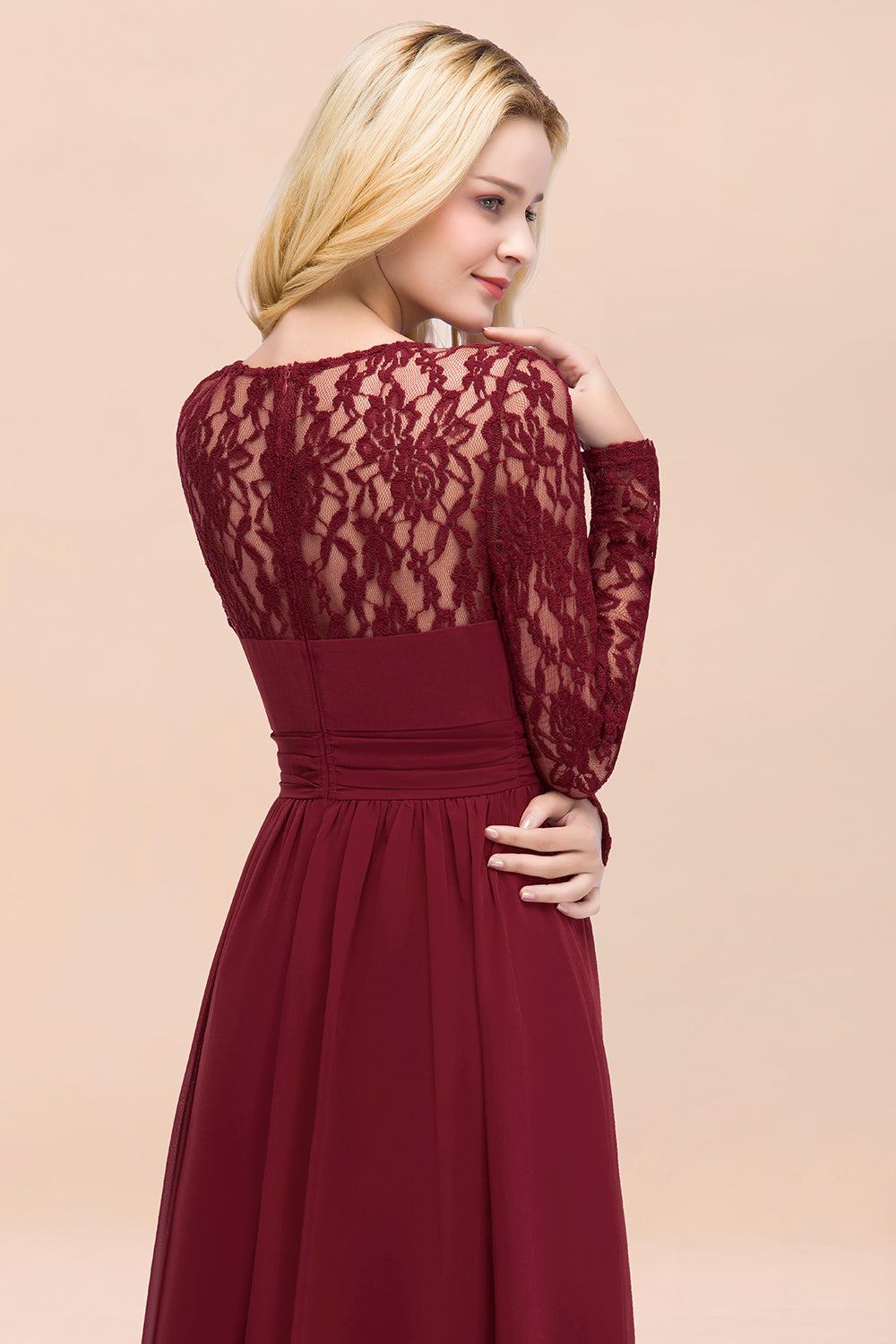 Elegant A-Line Chiffon Jewel Long Sleeves Ruffles Floor Length Bridesmaid Dresses