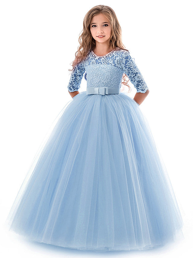 Long Ball Gown Tulle Lace Jewel Neck Flower Girl Dresses with Half Sleeve