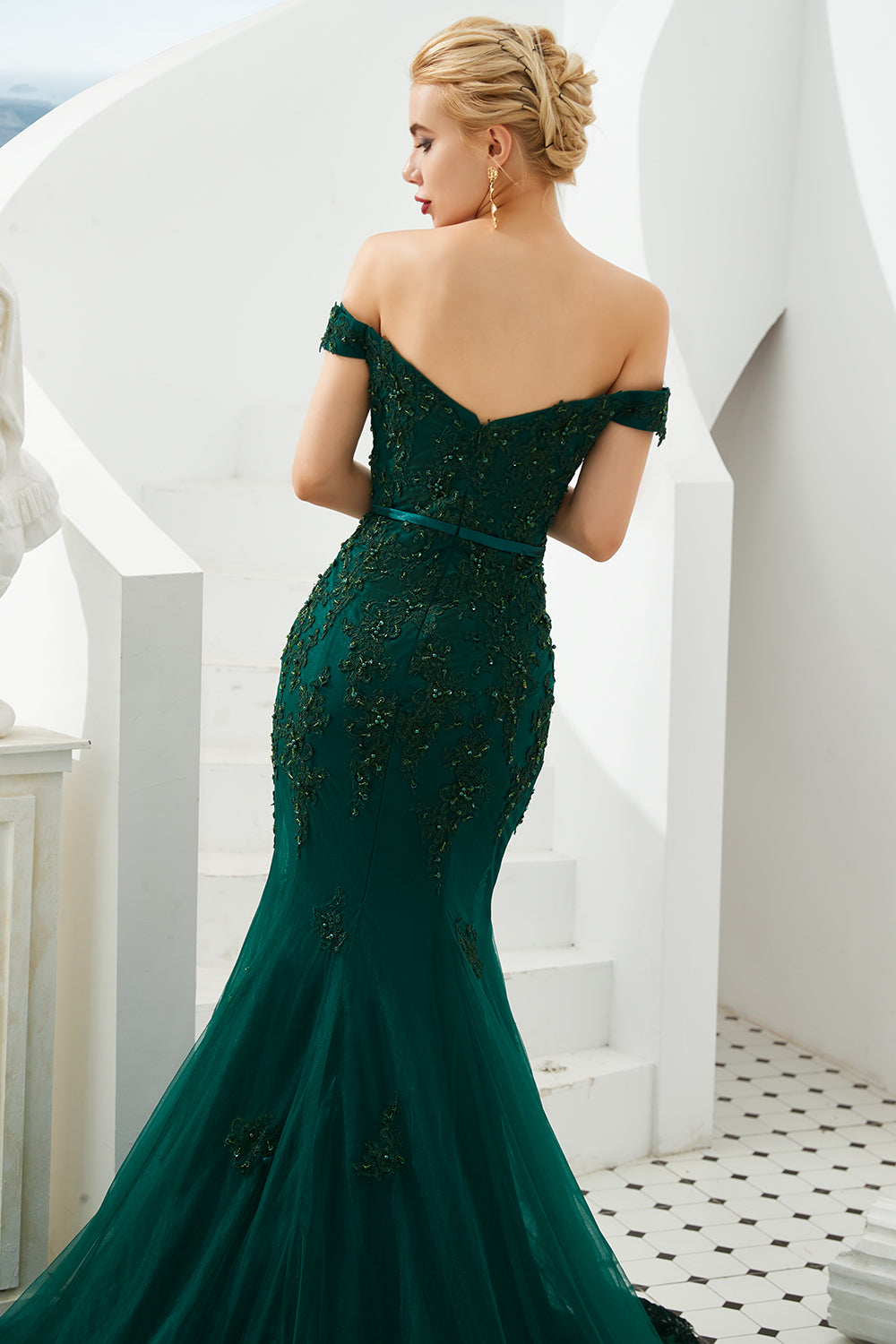 Elegant Dark Green Long Mermaid Off the Shoulder Tulle Lace Formal Evening Dresses