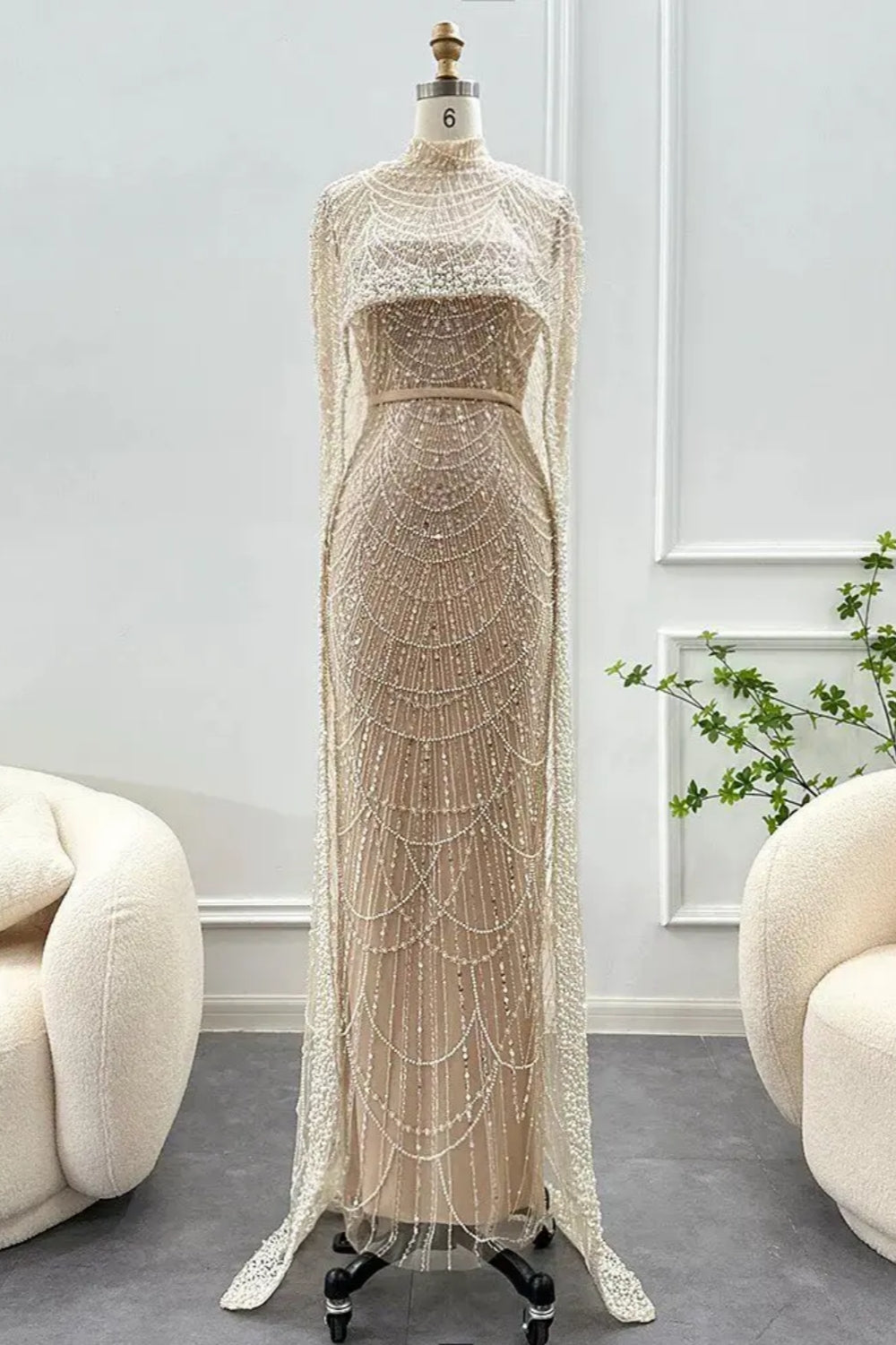 Elegant Long Mermaid High Neck Formal Evening Dress with Beads