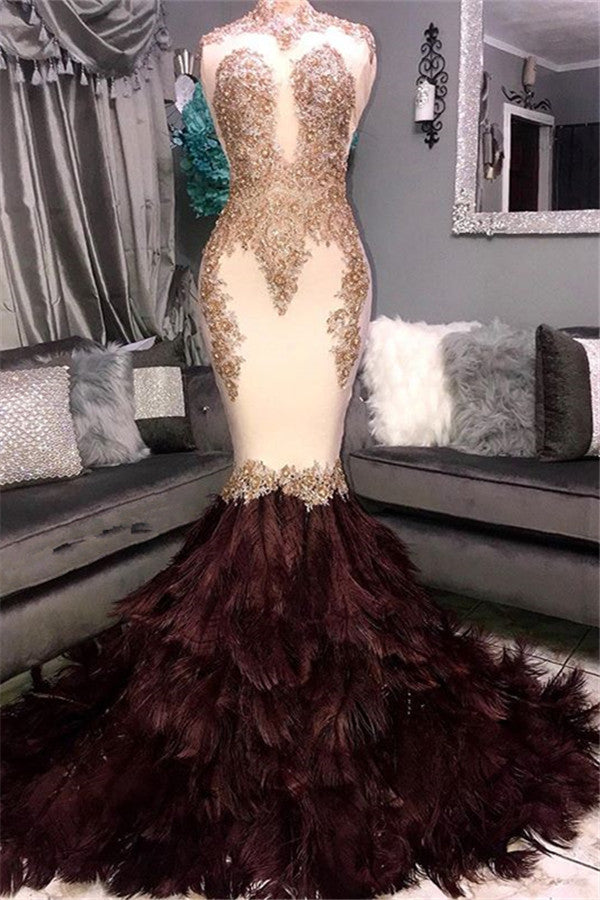 Long Mermaid High Neck Appliques Lace Prom Dress