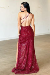 Burgundy Long One Shoulder Sequined Backless Evening Prom Dresses with Slit