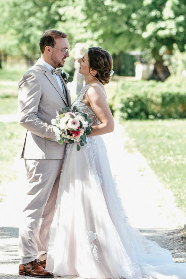 Off The Shoulder A Line Appliques Lace Tulle Long Wedding Dress