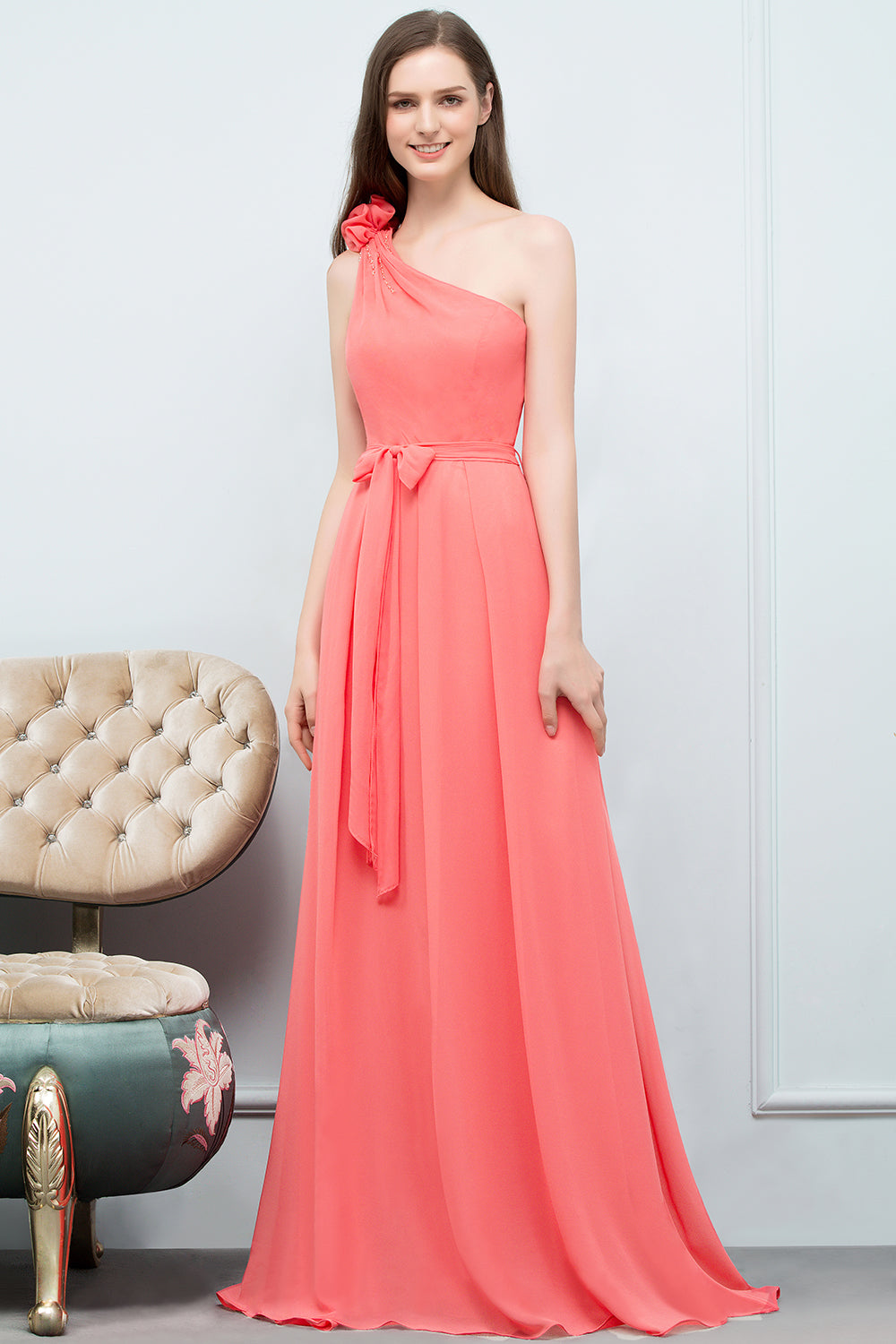 A-line Chiffon One Shoulder Sleeveless Floor Length Bridesmaid Dress with Bow Sash
