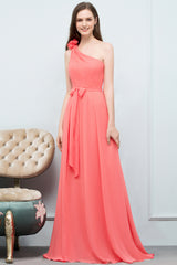 A-line Chiffon One Shoulder Sleeveless Floor Length Bridesmaid Dress with Bow Sash