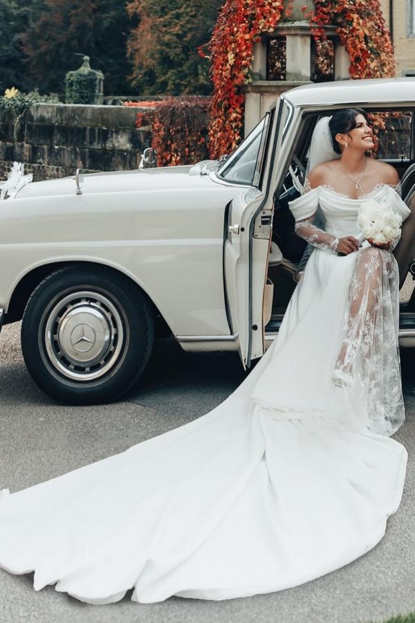 Long Off The Shoulder Split Front A-Line White Wedding Dress with Ruffles