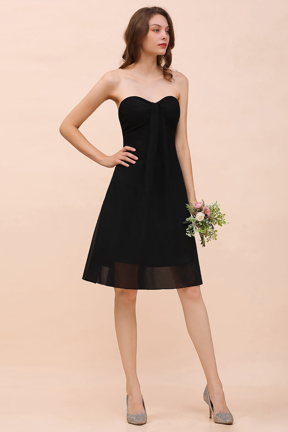 Simple Black Strapless A-line Knee-length Chiffon Backless Bridesmaid Dress