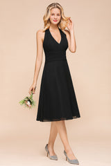 Simple Black Deep V-neck Halter Backless Knee-length Chiffon A-Line Bridesmaid Dress