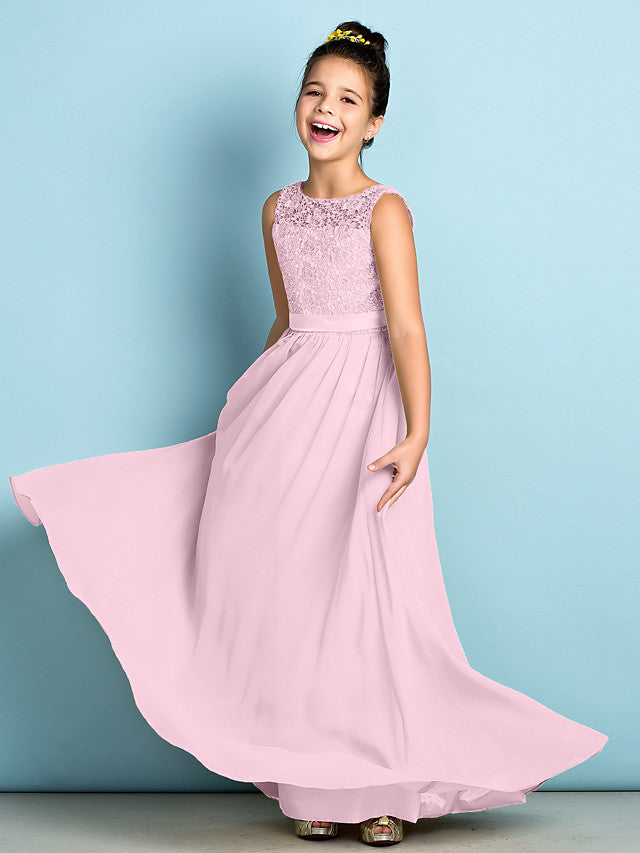 Long A-Line Scoop Neck Floor Length Chiffon Lace Junior Bridesmaid Dress