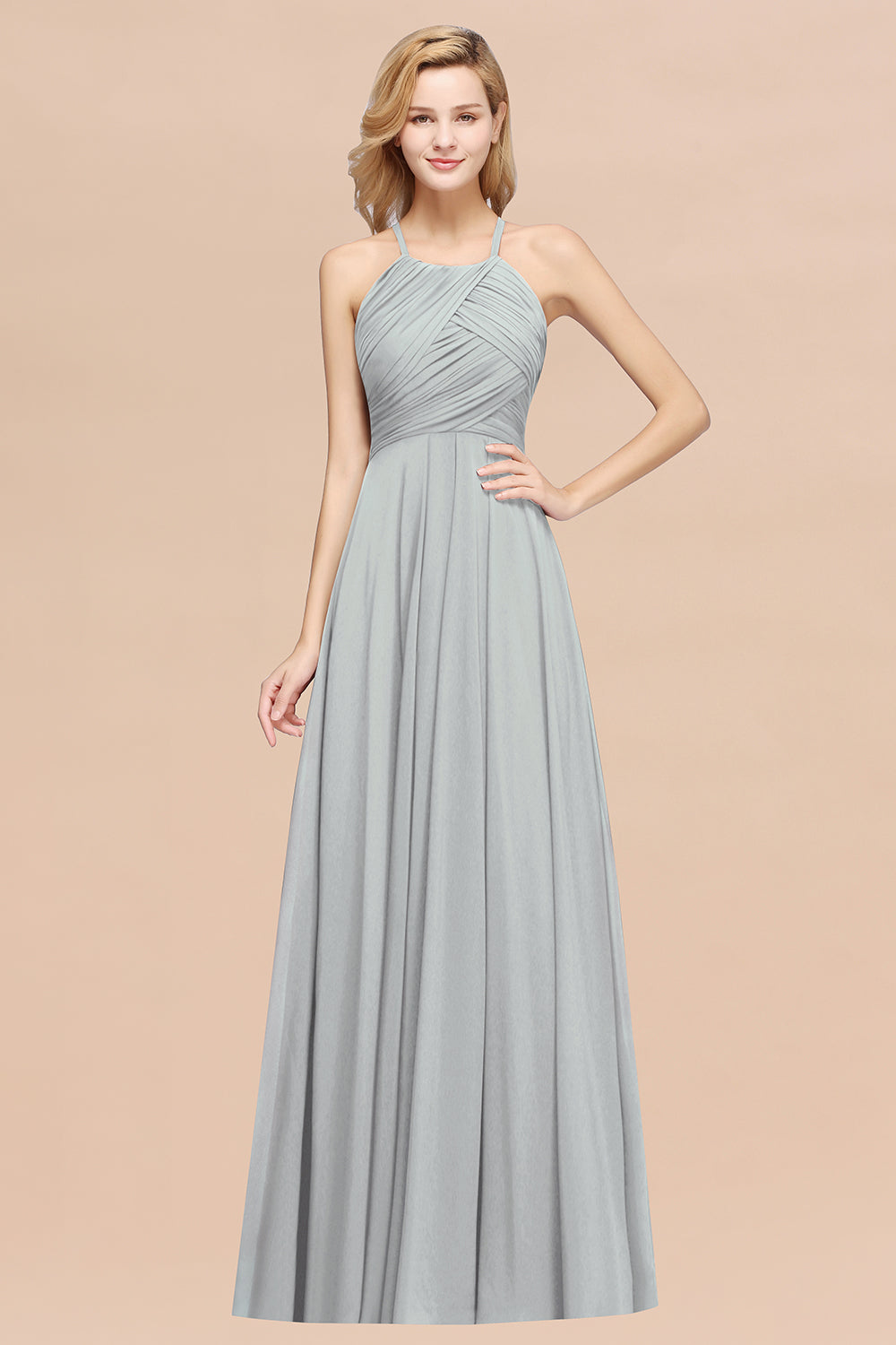 A-Line Chiffon Halter Ruffles Floor Length Bridesmaid Dress