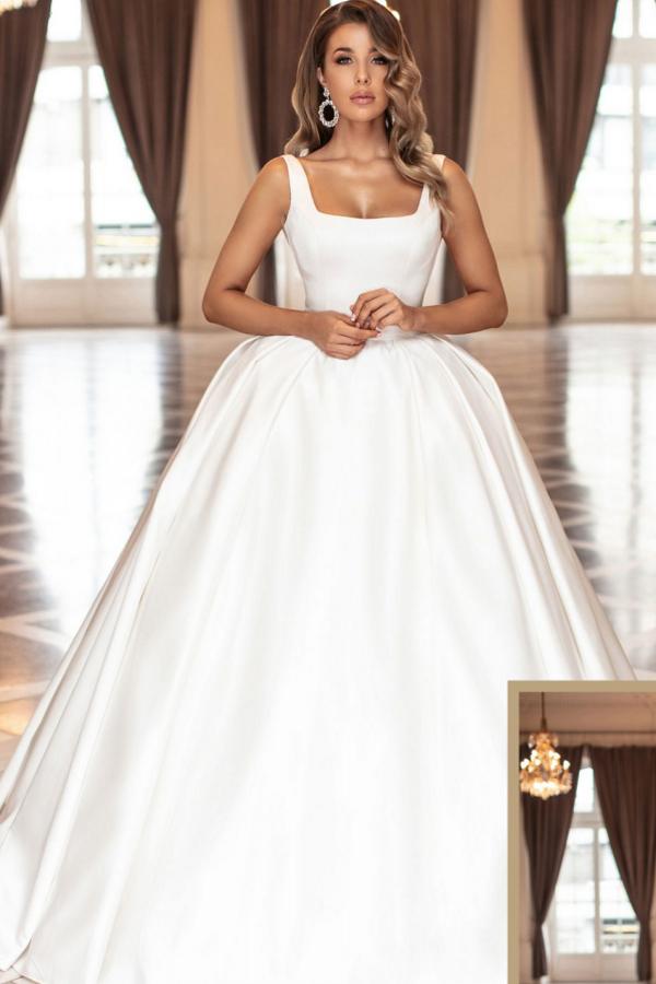 Simpe White Long Square Straps Satin Ball Gown Wedding Dress