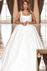 Simpe White Long Square Straps Satin Ball Gown Wedding Dress