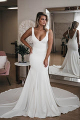 Simple Long V Neck Mermaid Satin Backless Wedding Dresses with Train