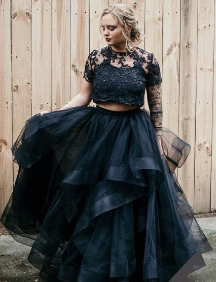 Gorgeous Long Two Piece Tulle Lace Layers A-line Black Wedding Dress with Short Sleeves