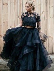 Gorgeous Long Two Piece Tulle Lace Layers A-line Black Wedding Dress with Short Sleeves
