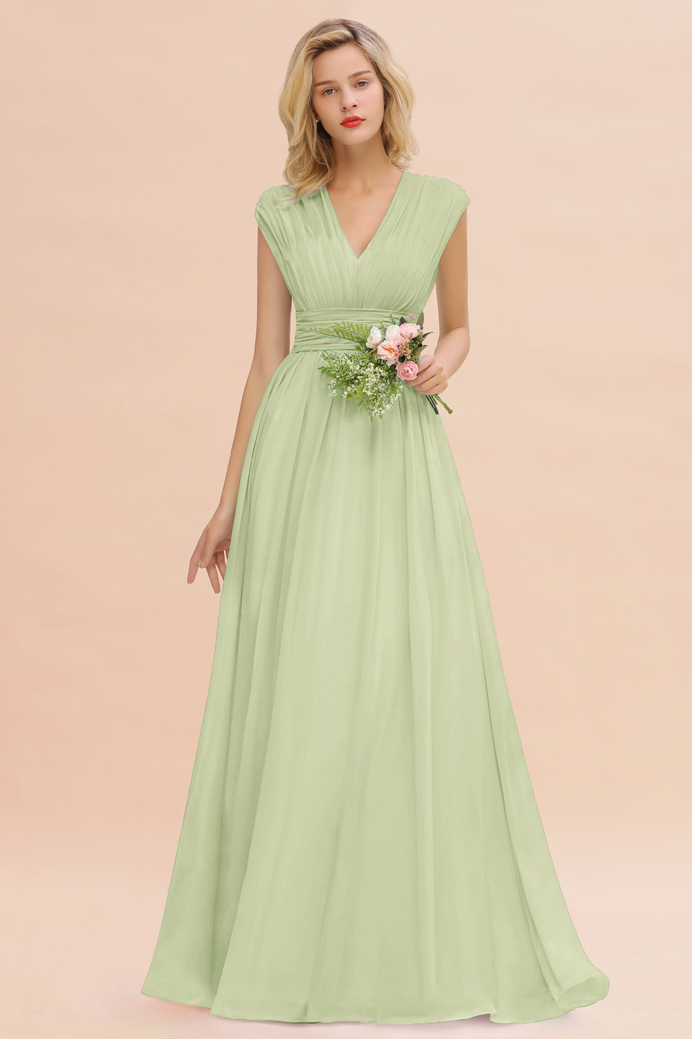 Chiffon V-Neck Sleeveless Elegant A-line Ruffles Bridesmaid Dress