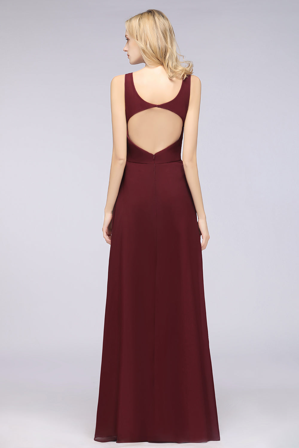 A-Line Chiffon V-Neck Straps Sleeveless Ruffles Floor Length Bridesmaid Dress with Open Back
