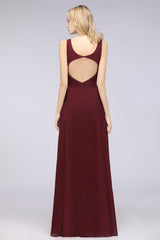 A-Line Chiffon V-Neck Straps Sleeveless Ruffles Floor Length Bridesmaid Dress with Open Back