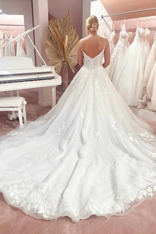 Elegant Long A-line Strapless Spaghetti Straps Lace Wedding Dresses with Appliques