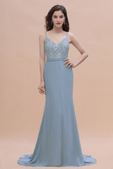 Simple V-neck Lace Chiffon Open Back Floor Length Mermaid Bridesmaid Dress