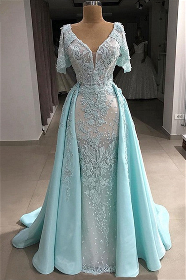 Long Sweetheart Tulle Lace A-line Formal Evening Dress with Sleeves