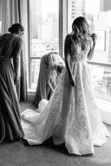 Long Straps V-neck Floral Lace Beads A-line Wedding Dress