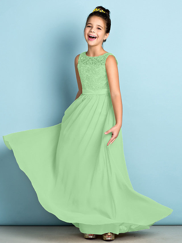 Long A-Line Scoop Neck Floor Length Chiffon Lace Junior Bridesmaid Dress