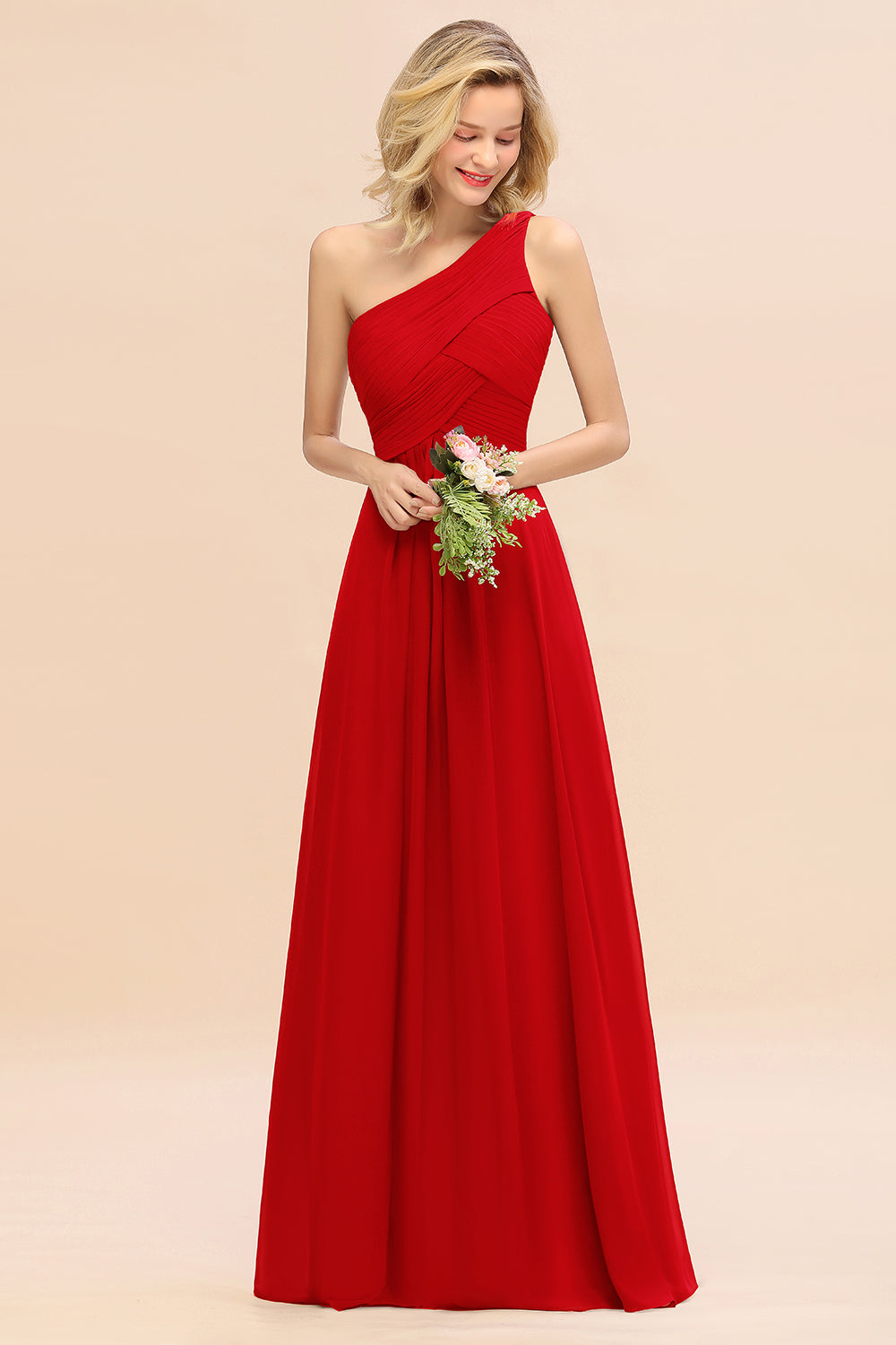 Elegant Red A-line Chiffon Ruffles One Shoulder Long Bridesmaid Dress