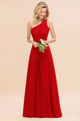 Elegant Red A-line Chiffon Ruffles One Shoulder Long Bridesmaid Dress