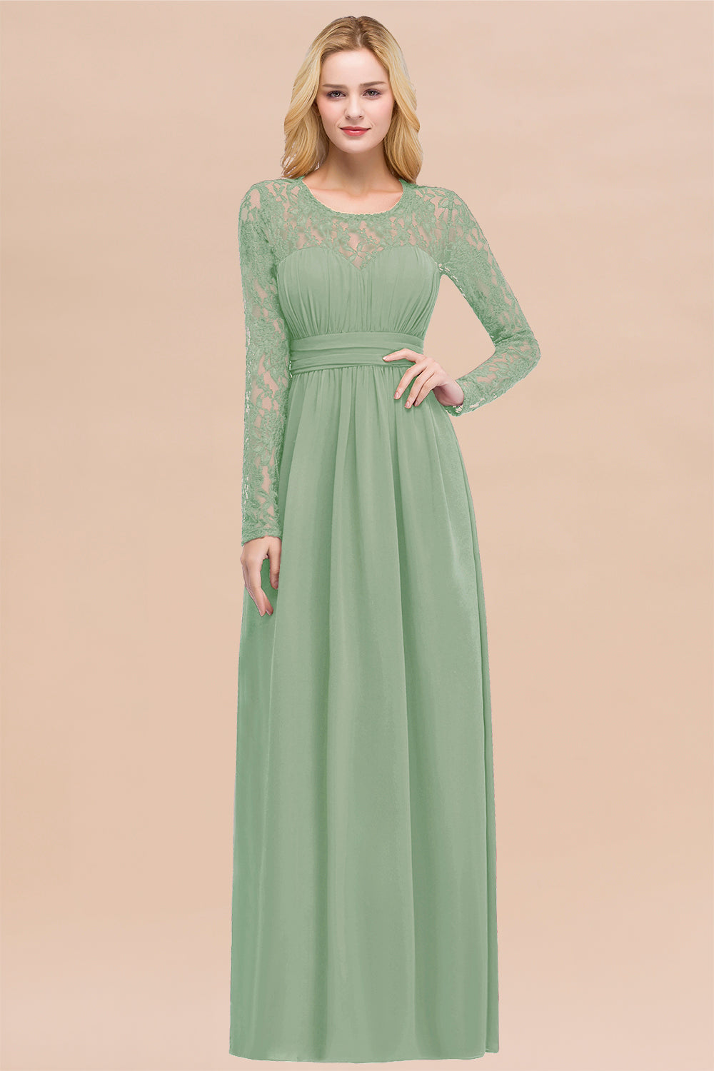 Elegant A-Line Chiffon Jewel Long Sleeves Ruffles Floor Length Bridesmaid Dresses