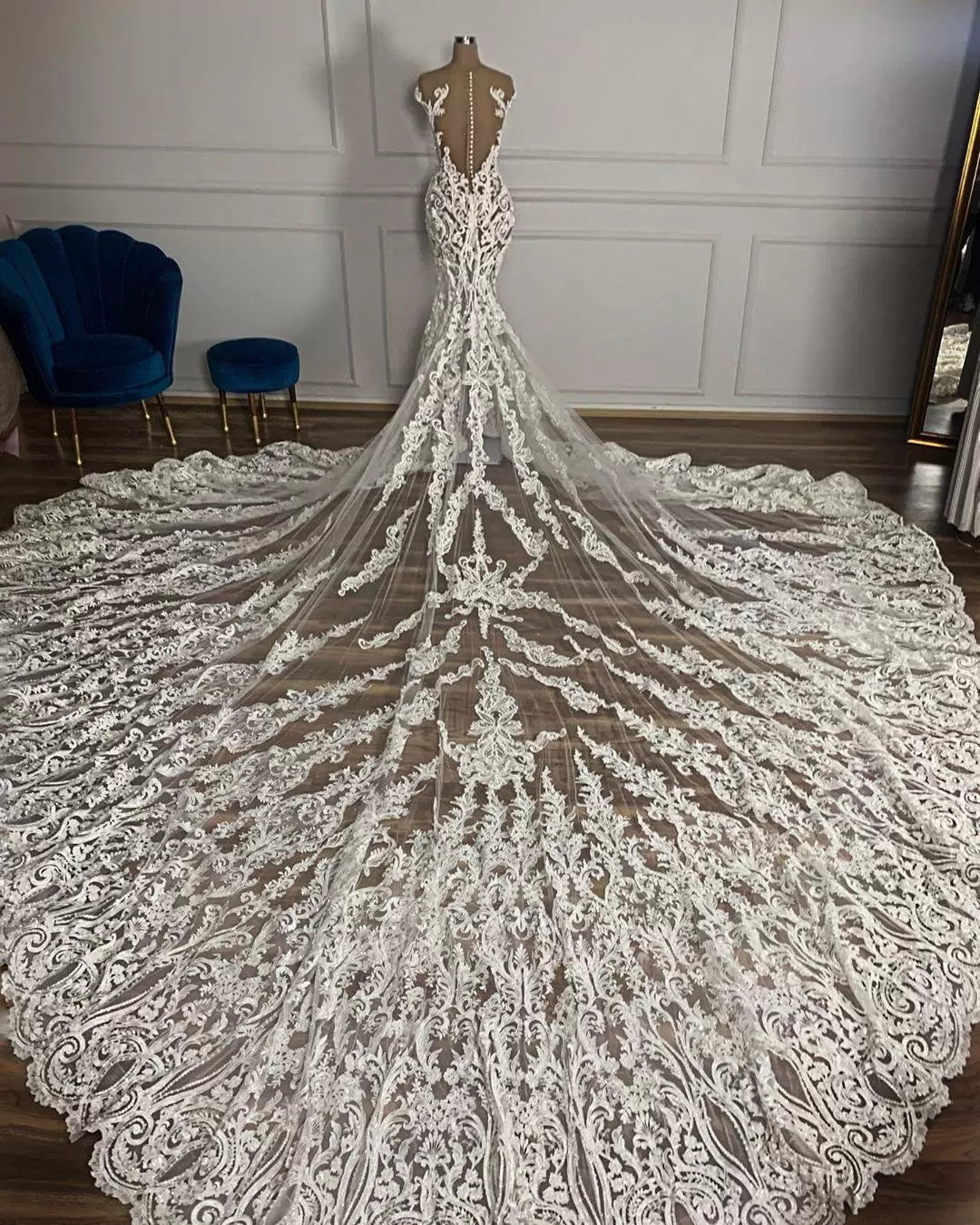 Charming Long Mermaid Jewel Tulle Lace Backless Wedding Dress