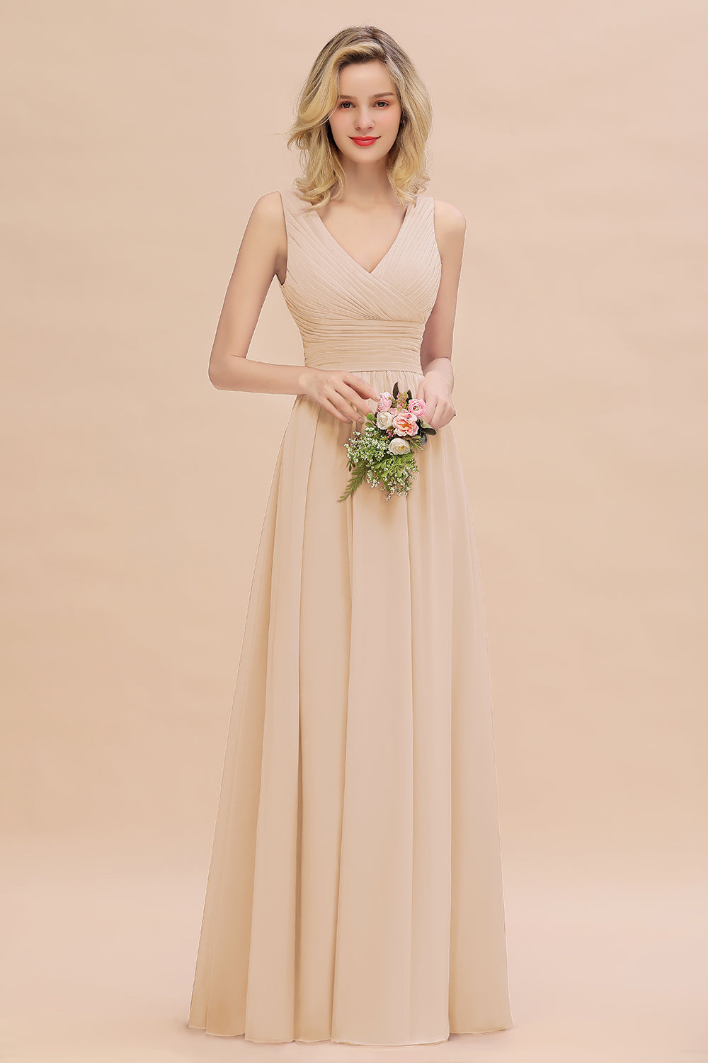 Elegant A-line V-Neck Ruffles Long Bridesmaid Dress