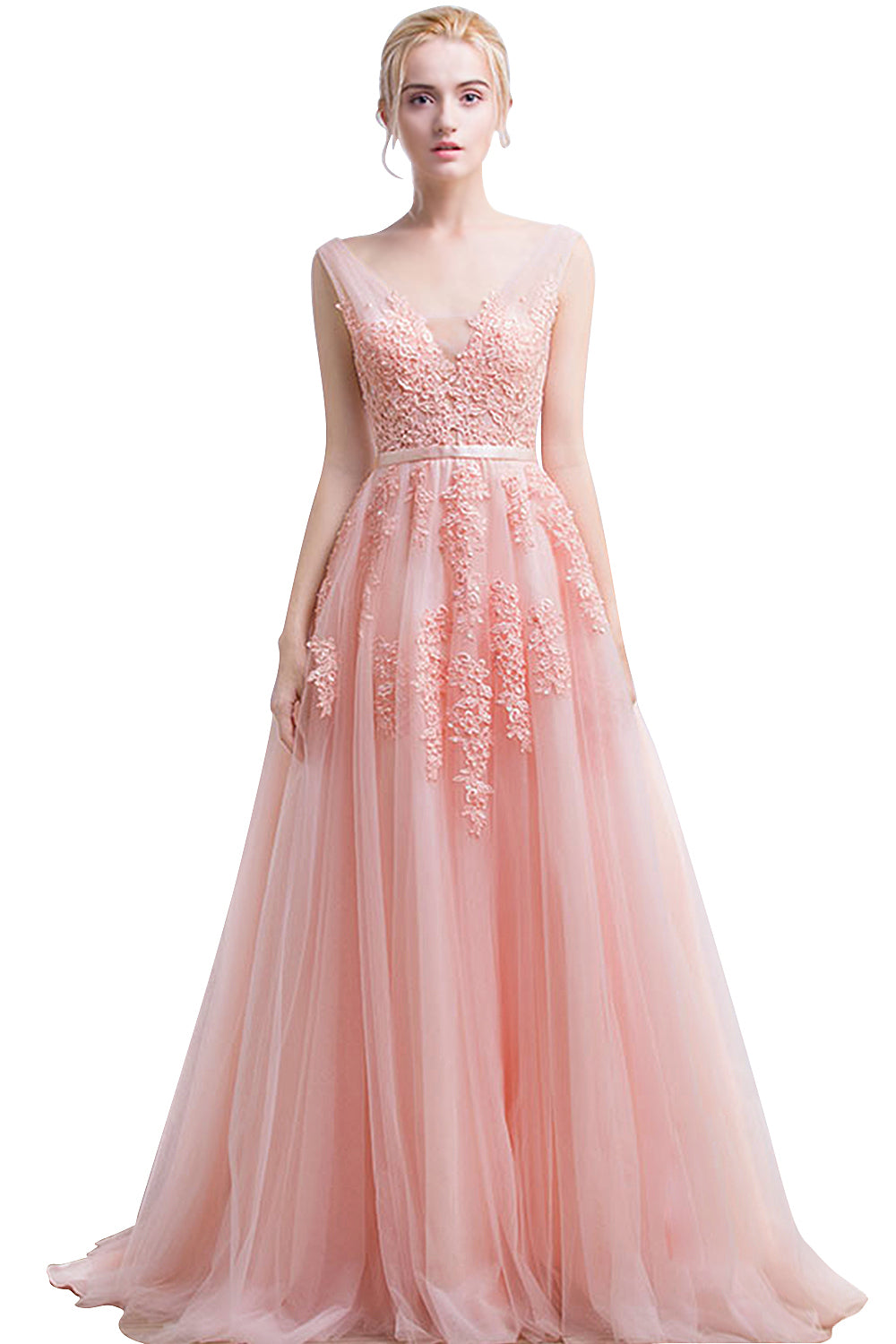Fabulous Long V-neck Tulle Lace A-line Evening Dress