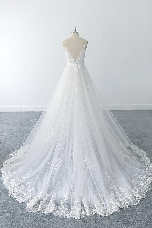 Elegant Long V-neck Ruffle Appliques Tulle A-line Backless Wedding Dress