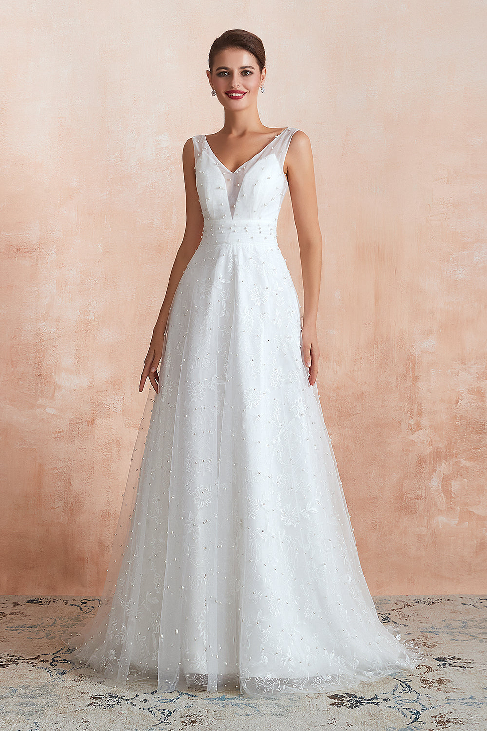 Elegant Long V-neck Tulle A-line White Wedding Dress