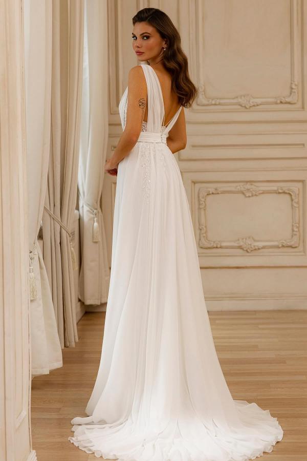 Elegant Long A-line V-Neck Sleeveless Chiffon Backless Wedding Dresses